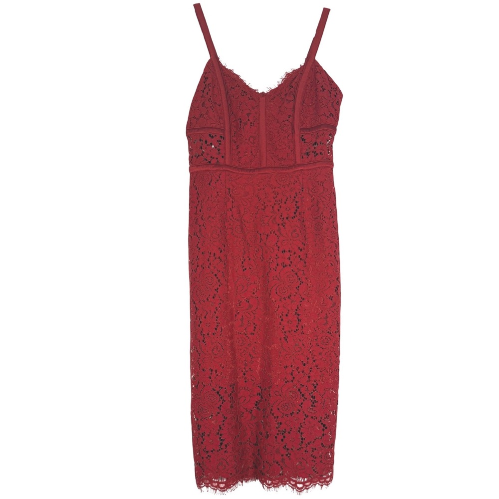 Express Holiday Red Floral Lace Midi Dress Sheath Eyelash Trim Size 0